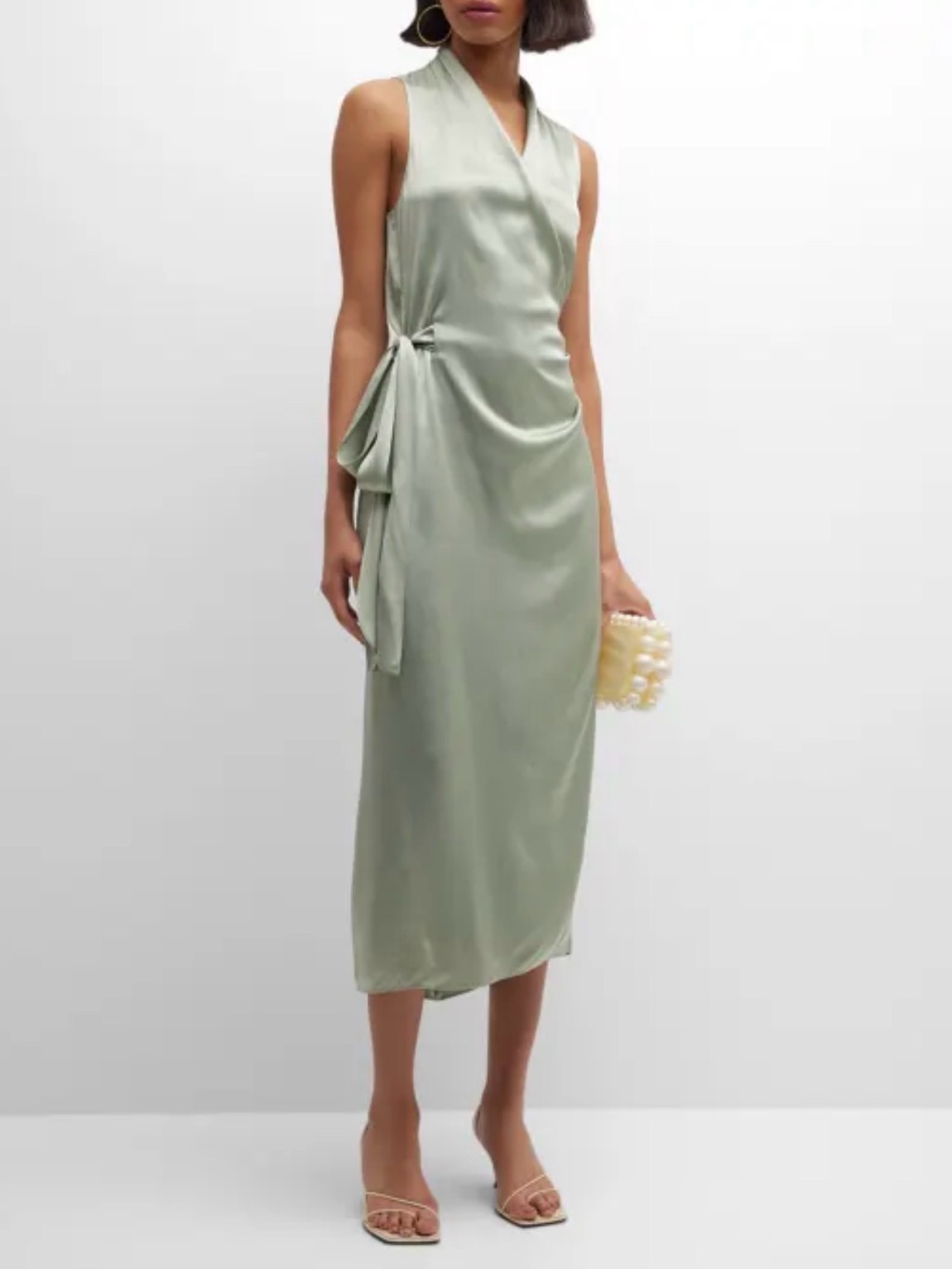 Nwt Vince Satin Finish Wrap Midi Dress Sage Green Glass L Luxury Large